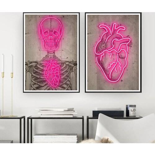 Neon Heart Skeleton Retro Picture Wall Art Canvas Painting Posters and Prints Home Decor Murals Living Room Hospital Decoration