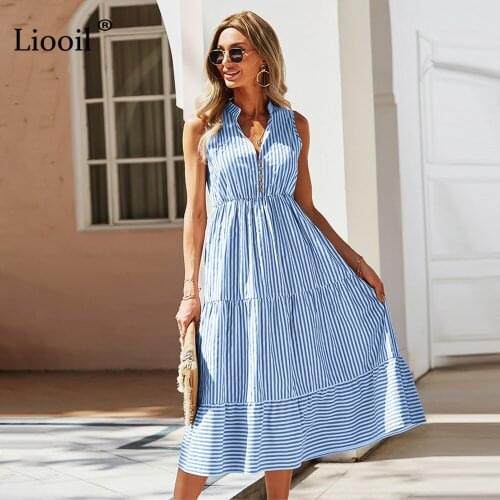 Liooil Summer Maxi Shirt Dress Striped Print Button V Neck Sleeveless Ladies Blue Green Elegant Long Dresses For Women Casual
