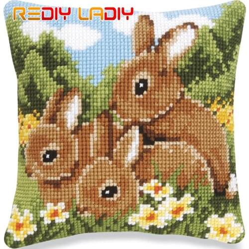 DIY Cross Stitch Cushion Three Rabbits Needlepoint Kits Pre-Printed Canvas Thick Yarn Cross-stitch Pillow Case Arts and Crafts