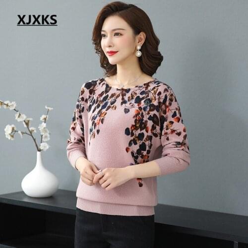 XJXKS Loose plus size women printed sweater 2020 spring new loose plus size high-end 100% wool knitted pullover women sweater