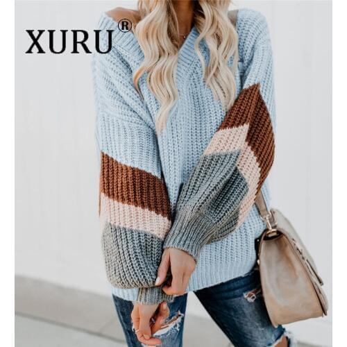 XURU Autumn and Winter Sweater Womens V-neck Lantern Sleeves Striped Color Matching Knitted Sweater Street Sweater Women