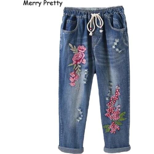 Womens Denim Pants Floral Embroidery Hole Pockets Jeans For Girl 2020 Spring New High Waist Anakle Length Pant MERRY PRETTY