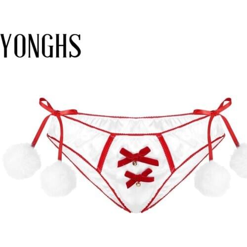 Womens Ladies Christmas Briefs Satin Lingerie Thong Elastic Waistband Underwear Front Bowknot Bell Side Fuzzy Ball Decor Panties