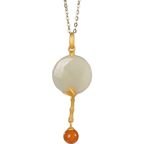 S925 sterling silver gold-plated Hetian Jade South red pendant vintage bamboo joint peace buckle womens pendant