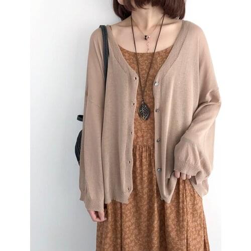 Cotton Linen Knitted Women Sweater Cardigan Autumn Vintage Loose V-Neck Solid All Match Female Coats Tops