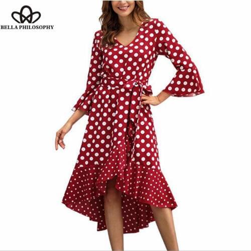 Bella Philosophy Sexy V-Neck Full Flare Midi Dress Vintage Polka Dot Female Asymmetrical Dress Sashes Lady V-Neck Dress 2019 new