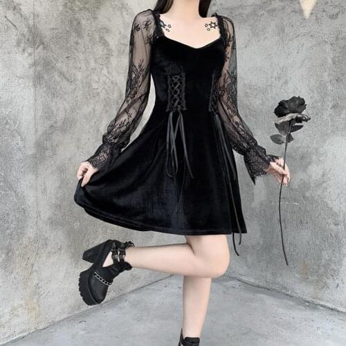 GREYGEM Women Short Dresses 2021 Long Petal Sleeve Autumn Winter Bandage Velvet Lace Patchwork Lolita Gothic Style Black Clothes