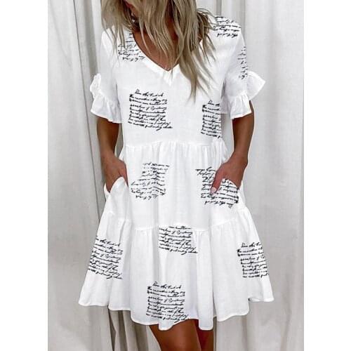 M-4XL 2021 European and American large sizeletter printed loose thin dresses short sleeve v neck elegant casual A line dress