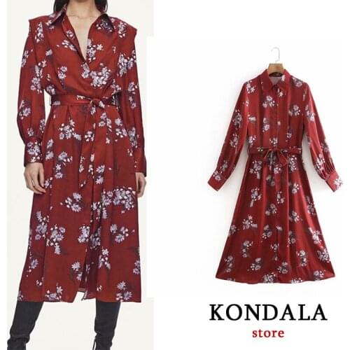 KONDALA Za Women FASHION 2021 Long Sleeve Floral print red dress Vintage Vestido Mujer Chic Elegant Dress