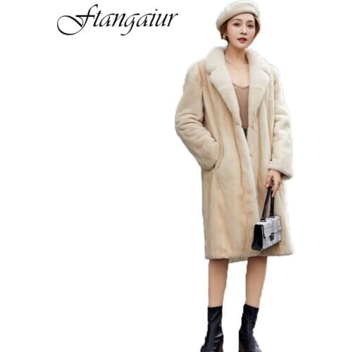 Ftangaiur 2020 Winter Import Purple Standard Velvet Mink Fur Coat Womens Medium Turn-Down Collar Natural Real Mink Fur Coats