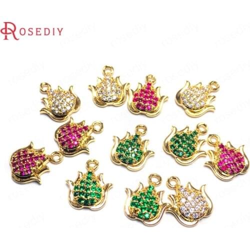 38636)6PCS 11x12.5MM 24K Champagne Gold Color Brass and Zircon Flowers Charms Pendants Jewelry Making Supplies Diy Accessories