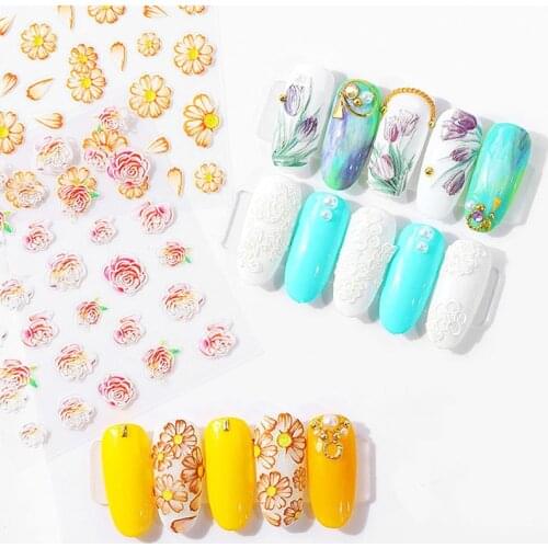 5D Acrylic Engraved nail art sticker colorful white flower Template Decals Tool DIY Nail Decoration Tools Z0117