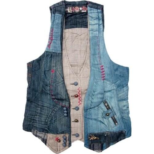 Spanish retro denim patchwork irregular multiple vest