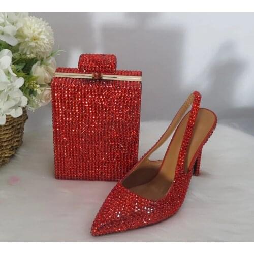 Red Bride Wedding Shoes 2021 Women Crystal Summer Pointed Toe Sandals Ladies Party Dress Shoes And Bag Ankle Strap Pumps Handbag
