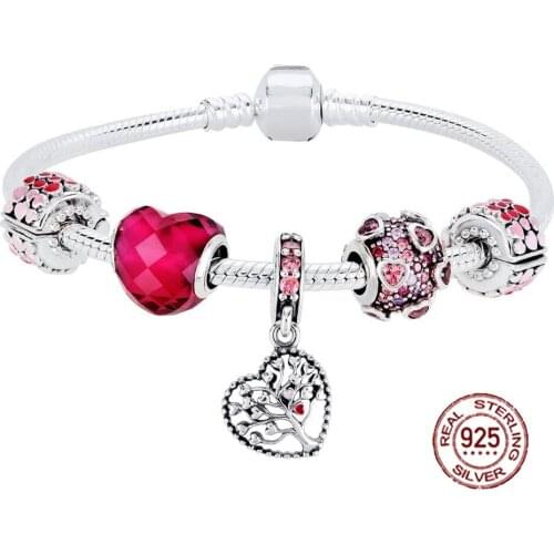 NEW 2018 Valentines Day New 925 Sterling Silver Bracelet Set Red Heart shaped Charm Bead for Women Fashion Bangle Jewelry