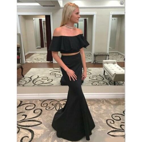 2 Pieces Black Prom Dresses Off Shoulder Short Sleeve Long Mermaid Floor Length 2019 Fashion Evening Party Gowns Plus Size Custo