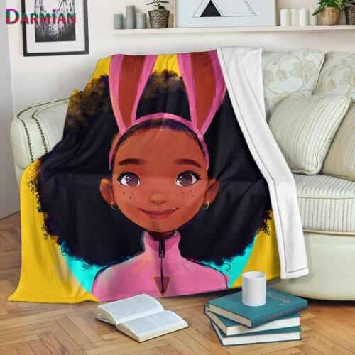 DARMIAN Cute Afro Girl Print Sherpa Fleece Blanket Cartoon Plush Throw Blanket for Kid Adult Couch Sofa Nap Thin Quilt Drop Ship