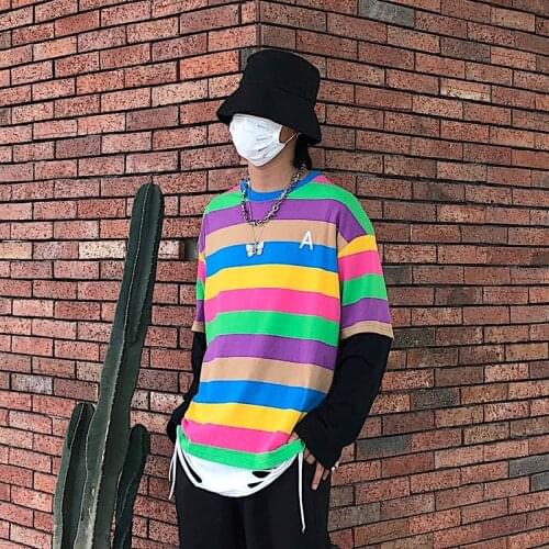 2021 Summer New Funny Rainbow Stripe Printed Tshirt Fashion Casual Short Sleeve Comfortable Clothes Hip Hop Oversized Streetwear