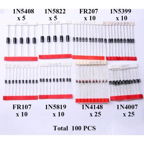 Glyduino 140PCS/Lot Commonly Used 1N4007 1N4148 1N5819 1N5408 FR107 FR207 1N5399 SR360 Diode Assorted Kit for Arduino DIY