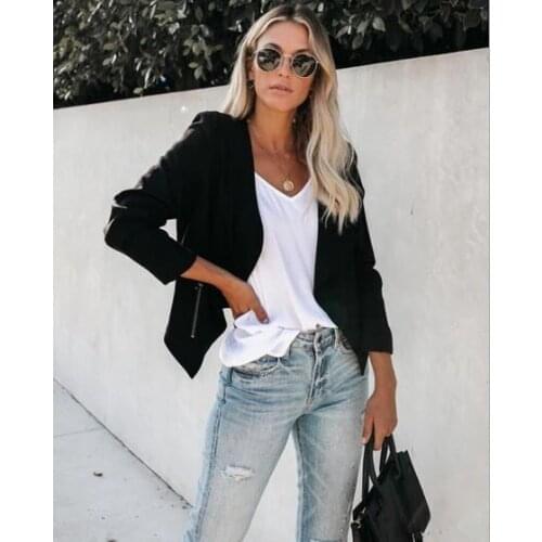 Zipper Pocket V-Neck Buttonless Blazer Women Solid Colors Casual Office Blazer 2021 New Fashion Commute Clothing Work Lady Wear