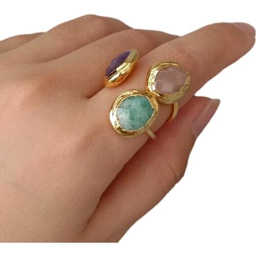 YYGEM Natural faceted Sunstone Amazonite Purple Amethyst Ring Adjustable