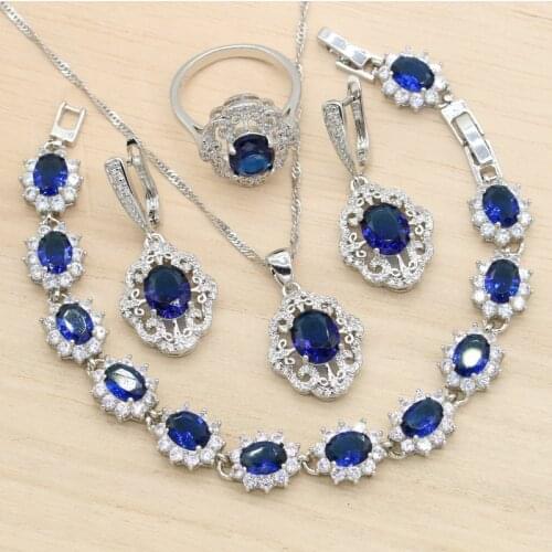 Royal Blue Cubic Zircon Silver Color Wedding Jewelry Sets For Women Bracelet Earrings Pendant Necklace Ring Birthday Gift 4PCS