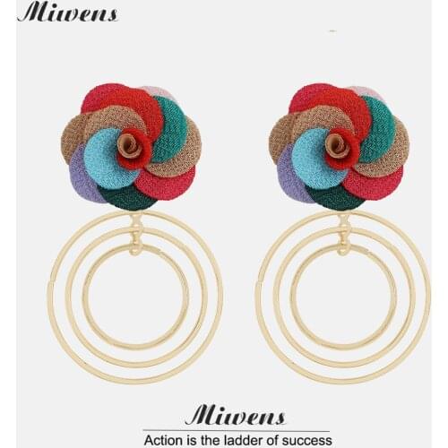 Miwens Flower Metal Drop Earrings For Women Vintage Round Dangle Earrings Colorful Flower Cloth Hanging Ear Jewelry