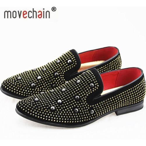Movechain Mens Luxury Brand Suede Leather Loafers Mens Casual Rhinestone Rivets Moccasins Oxfords Shoes Man Party Driving Flats