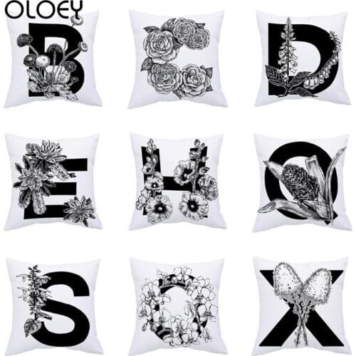Black Letters and Flowers Polyester Soft Cushion Cover, 45x45cm, Home Bedroom Office Decoration, Hotel Decoration Cushion Cover