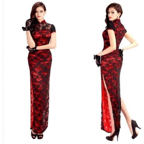 2020 New Sexy Woman Chinese Cheongsam Elegant Lace Traditional Qipao New Year Evening Party Oriental Vintage Split Wedding Dress