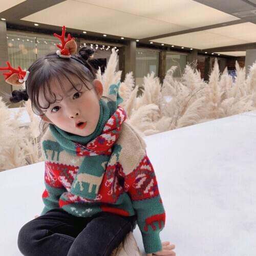 New Fashion Winter Kids Red/Green Christmas Sweaters Long Sleeve Thicken Pullover Knitwear With Scarf For 2-7Yrs Toddler Clothes