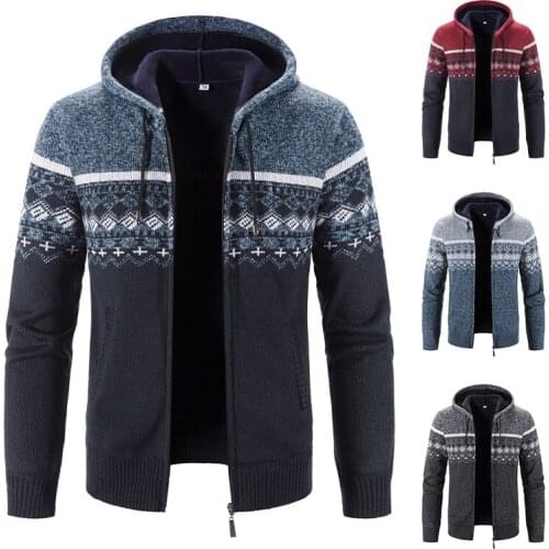 Autumn and winter hooded sweater and cashmere warm wool sweater coat fashion stripe zipper cardigan 2021 new mens clothing
