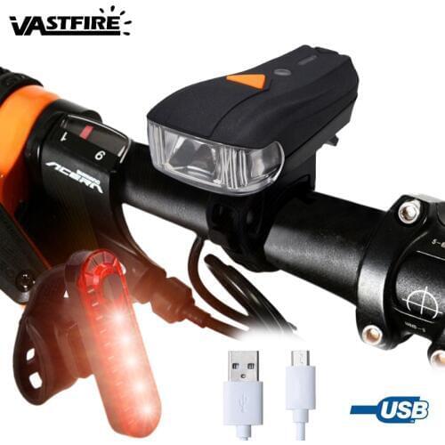 USB Rechargeable Front Bicycle Light 4 Modes Front Handlebar Bike Lamp Cycling Flashlight with Safety USB 5 Red LED Rear Lamp