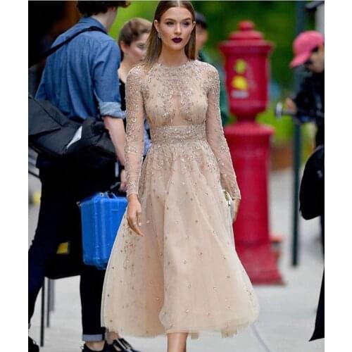Sparkling Beaded Rhinestone Tulle Prom Dresses 2020 Long Sleeves Jewel Neck Celebrity Party Gowns Backless Vestidos