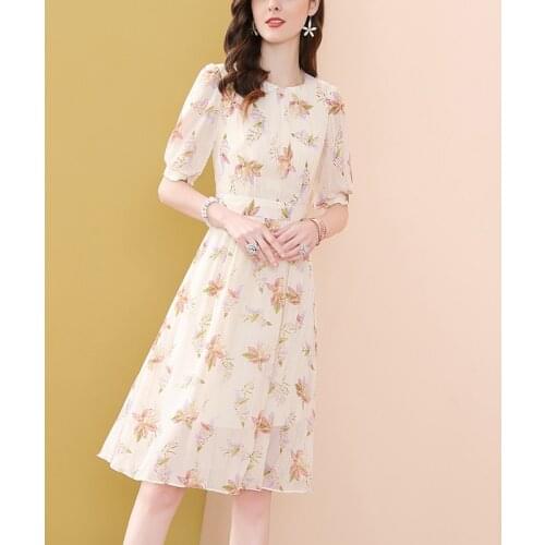 O-Neck Printed Chiffon Summer Dresses Sweet Lantern Sleeve Casual Holiday Mesh Party Dress 2021New Slim Elegant Vestidos