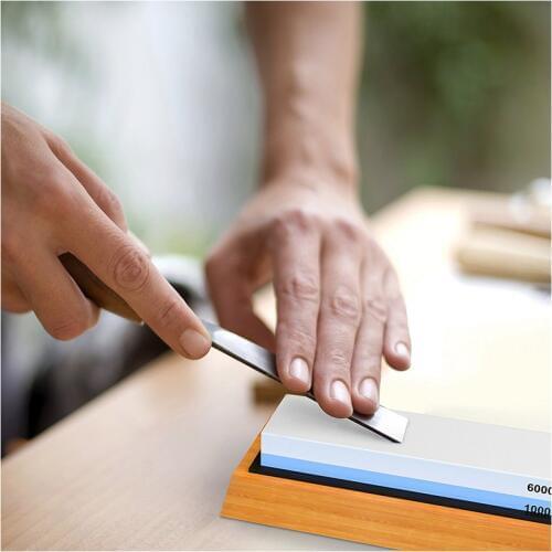 Premium Sharpening Stone 2 Side Grit 1000/6000 Whetstone | Best Kitchen Knife Sharpener Waterstone | NonSlip Bamboo Base & Angle