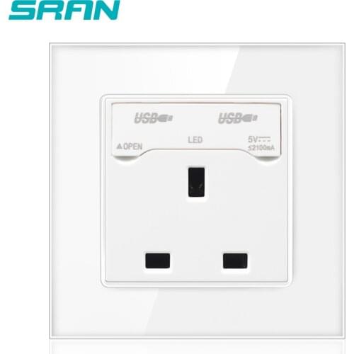 SRAN Crystal Glass Panel, Electrical Wall Socket, 13A UK standard power outlet with 2100mA dual USB charge port Safety socket