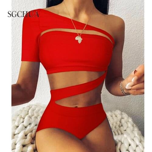 Sexy Solid One Shoulder Bikini High Waist Bandeau Swimsuit With Sleeve Bandage Bathing Suits Beach Wear Biquini Set Female 2021