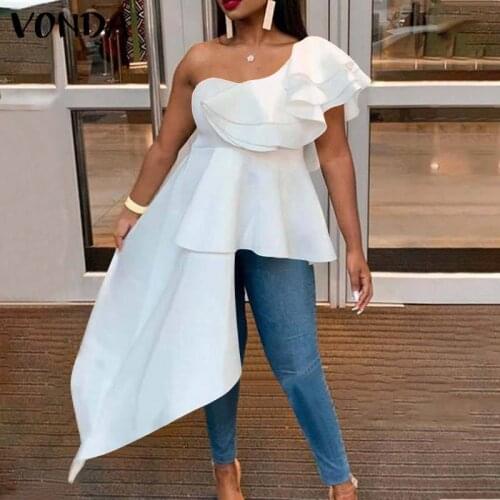 Women Asymmetric Blouse Office Shirts 2021 VONDA Casual Zipper Short Sleeve Party Pleated Lace Blouse Elegant Tops