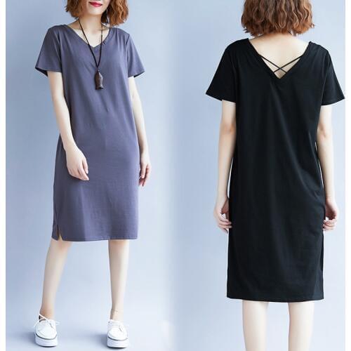 Plus Size Women Clothes Cotton Summer Dress Korean Casual Loose Backless Vintage V-neck Black Pink Women Dresses Vestidos
