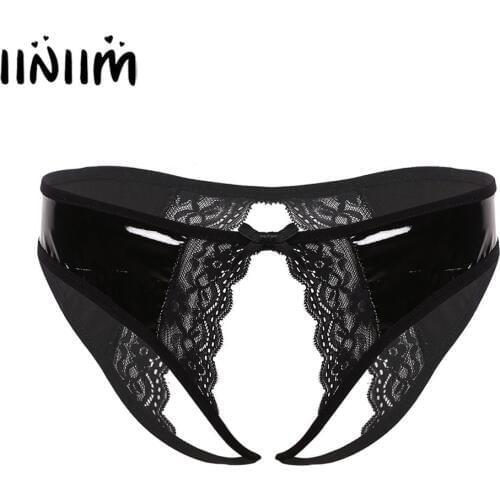 Womens Wetlook Open Butt Crotch Sissy Exotic Panties Leather Lingerie Crotchless with Lace Edge Cheeky Hipster Briefs Underwear