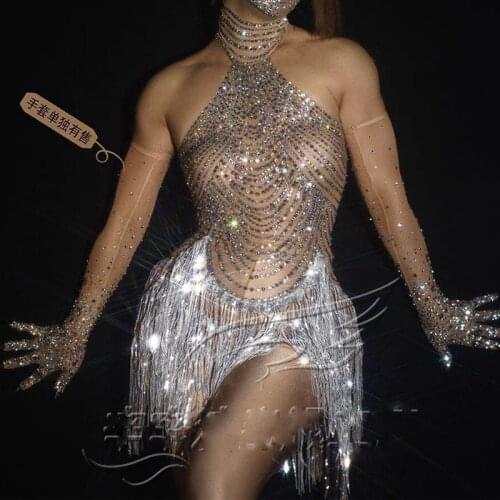 Women Gogo Dance Costumes Female Sexy Rhinestone Bodysuit Tassel Stretch One-Piece Adult Stage Costume Festival Outfit DQS5258
