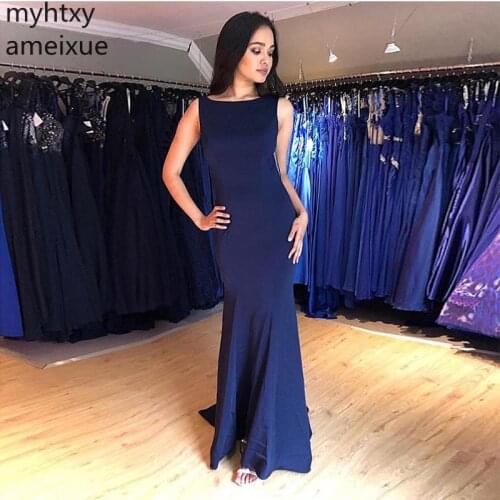 Sexy Long Evening Dress Scoop Neck Navy Blue Mermaid Style Backless Vestido De Noite Trumpet Formal Party Dresses New Plus Size