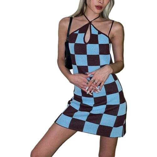 Women Close-fitting Sexy Dress, Blue Plaid Printed Pattern Sleeveless , S/ M/ L
