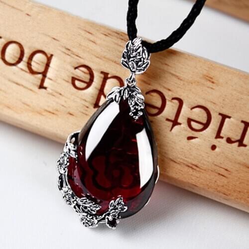 ZHJIASHUN Retro Natural Garnet Gemstones Pendant Necklace Royal 100% 925 Silver Sterling Chalcedony Pendants Jewelry For Women