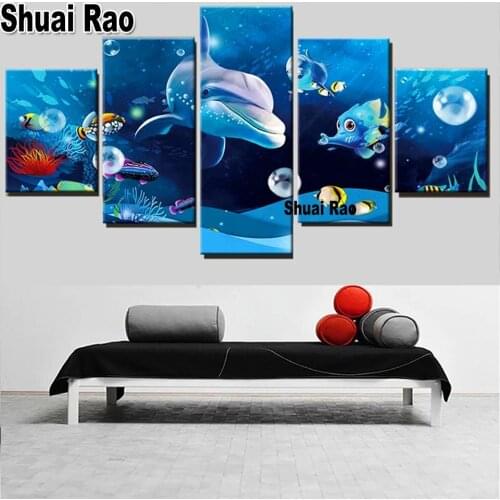 Dolphin Ocean Fish 5 Panel diamond painting cross stitch Full Square Round diamond embroidery Crystal mosaic Amazing Wall Art