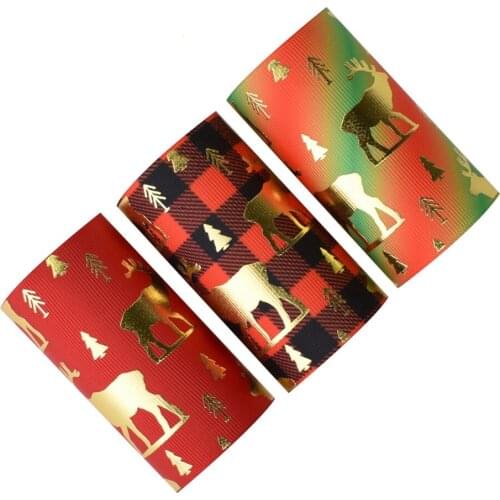 50yards 75mm Gold Foil Christmas deer trees Reindeer Grosgrain Ribbon For DIY Accessories Welcome Custom Printed