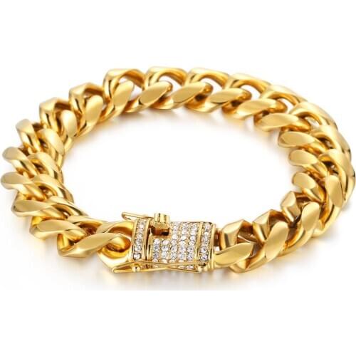 7"-11" Fashion 14mm Stainless Steel Cuban Miami Chains Bracelet Bangle Big Heavy Gold Color Chain for Men Hip Hop Rock jewelry