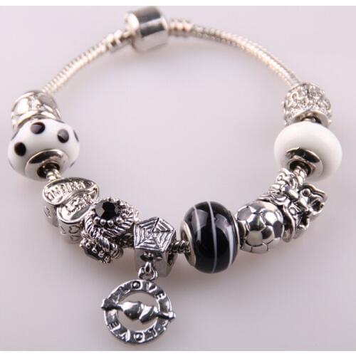 Free shipping black white murano glass beads Metal heart butterfly ball charm bracelet snake chain bracelets for lady