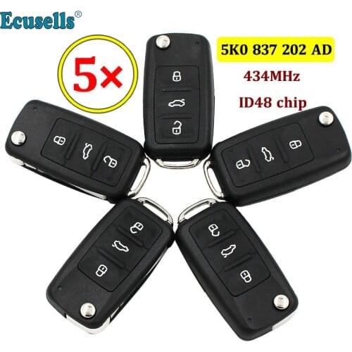 5PCS/lot 3 BUTTON REMOTE KEY FOB 434MHZ with ID48 CHIP 5K0 837 202 AD 5K0837202AD 434MHZ FULL KEY for VW VOLKSWAGEN PASSAT GOLF